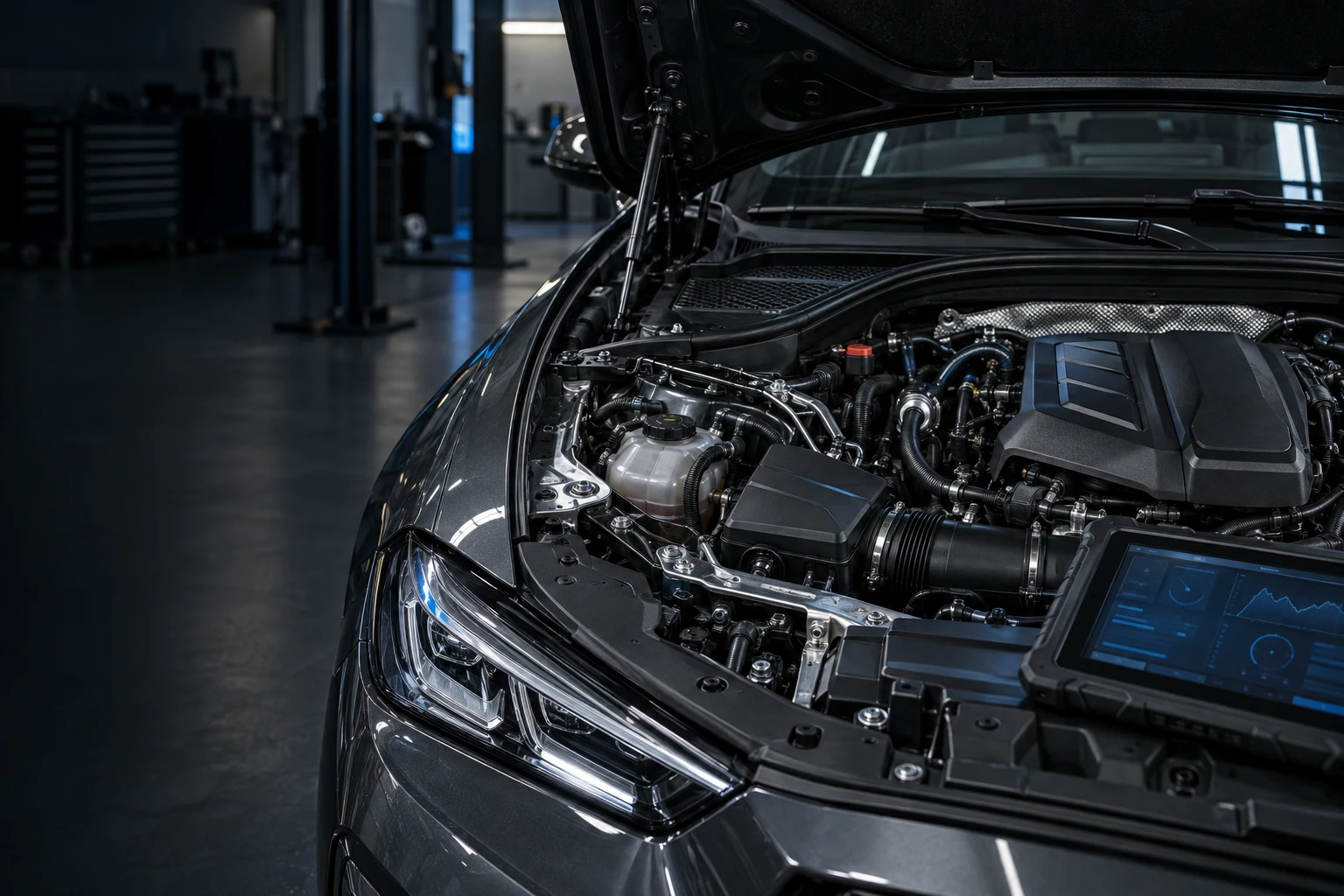 Illustrative automotive diagnostics scene with an open engine bay and diagnostic tablet